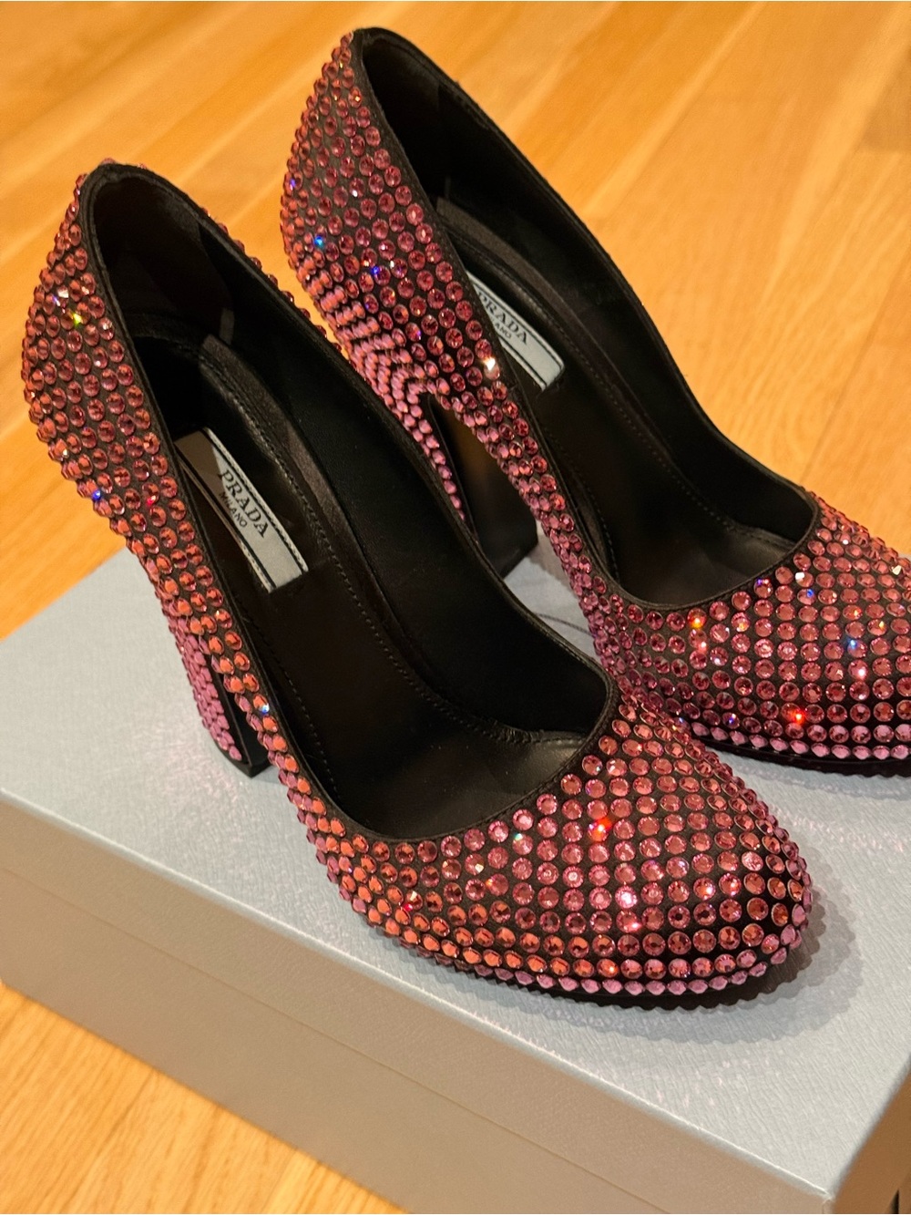 Prada Pink Crystal-Embellished Block Heel Pump